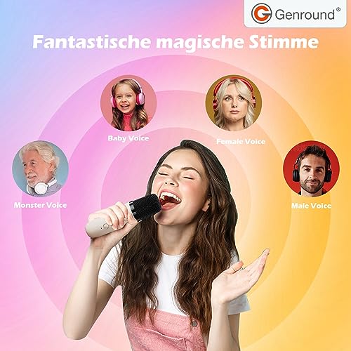 Genround Karaoke Maschine mit 2 Mikrofonen, Bluetooth Lautsprecher mit Gesangsentferner, 3 LED-Lichtmodi, Sprachwechse, Bluetooth Mikrofon für Kinder Erwachsene, Jungen Mädchen Geschenke (Beige)