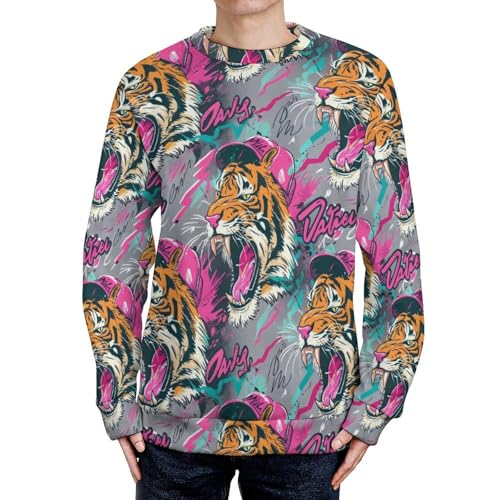 Image of Rock Tiger Head Graffiti Crew Neck Sweater Oversized Long Sleeve Pure Cotton Casual Knit Pullover Sweatshirt M
