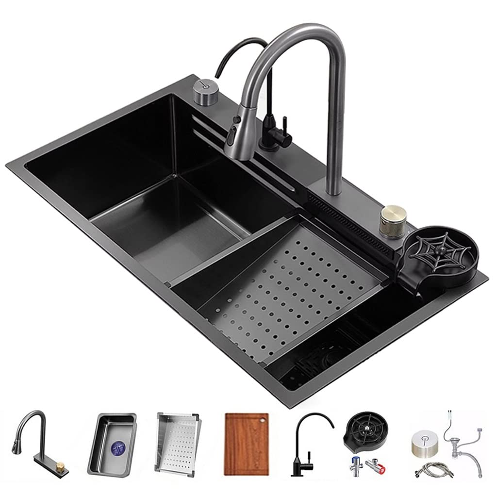 WIQUYBML Single-Bowl Sink With Waterfall Pull-Down Faucet And Complete Accessory Set Versatile Stainless Steel Kitchen Workstation (Color : Black, Size 75x45x22cm)