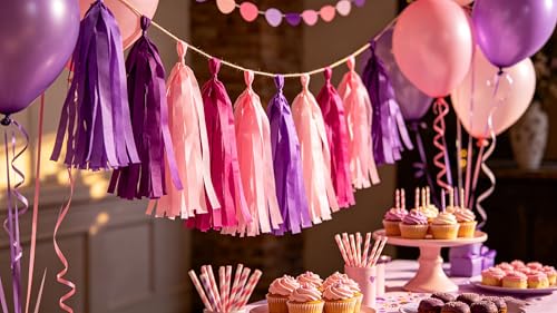 Image of Pink Purple and Rose red Tissue Paper Tassels Tassel Garland Banner for Birthday Party Decorations,Pack of 20