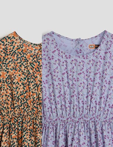 Image of Amazon Brand - Symbol Girl's Rayon Fit and Flare Kids Knee Length Printed Casual Dress (KD-DRG-SS25-123 Orange + Lavender 6-8 Years)