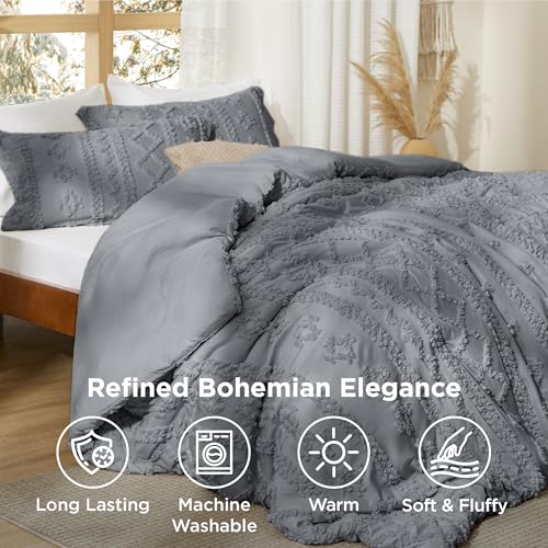 Image of Bedsure Tufted Boho Comforter Set King Size - Grey Boho Bed Set, GentleSoft 3 Pieces Farmhouse-Style Embroidery Bedding, Gifts for Woman, Soft Jacquard Kids' King Comforter for All Seasons