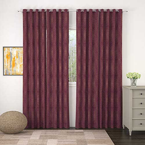 Image of Story@Home Bloom Collection Jacquard Lavish and Modern Rich Geometric Print 4 Piece Eyelet Ring top Door Curtain for Bedroom and Hall - 7 Feet, Mulberry