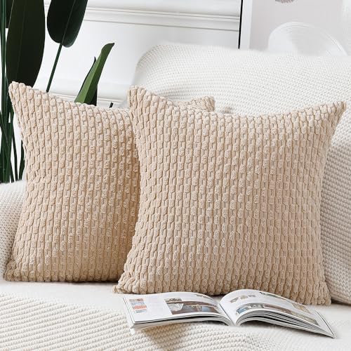 Madizz Lot de 2 Housses de Coussin en Velours côtelé rayé Boho Housse de Coussin décorative Douce pour canapé Chambre à Coucher Beige 60 x 60 cm