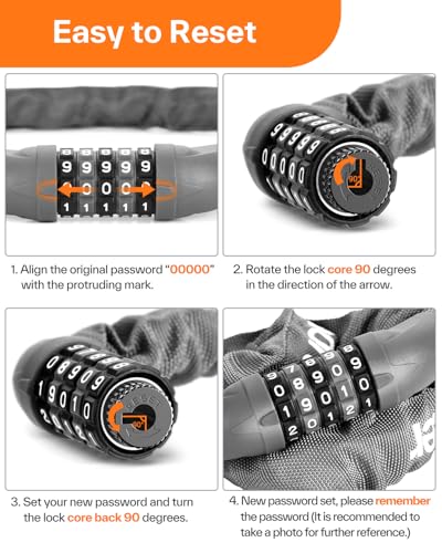 Image of Sportneer Bike Lock: 5 Digit Combination High Security Anti Theft Bike Chain Lock - 3.6ft Heavy Duty Keyless Bicycle Lock for Bike, Motorcycle, Scooter, Door & Gate - 6mm Thick, Easy to Use, Grey