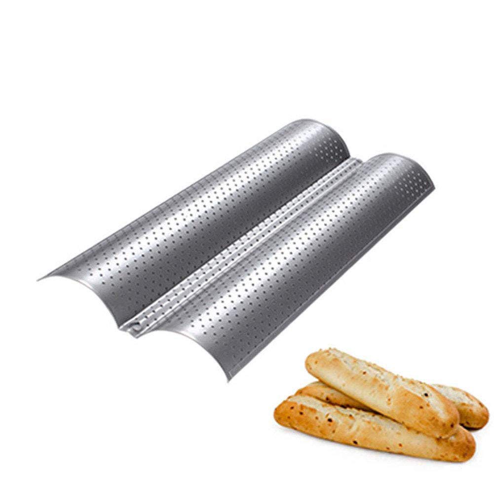 Baguette Baking Tray, Nonstick Wave Mould Fast and Evenly Heating, Perforated Baguette Kitchen Gourmet Making Pan, Baking Sheet, for French Bread, Stick Bread, Toast Maki(Silver 2 Baguettes-2Pcs)