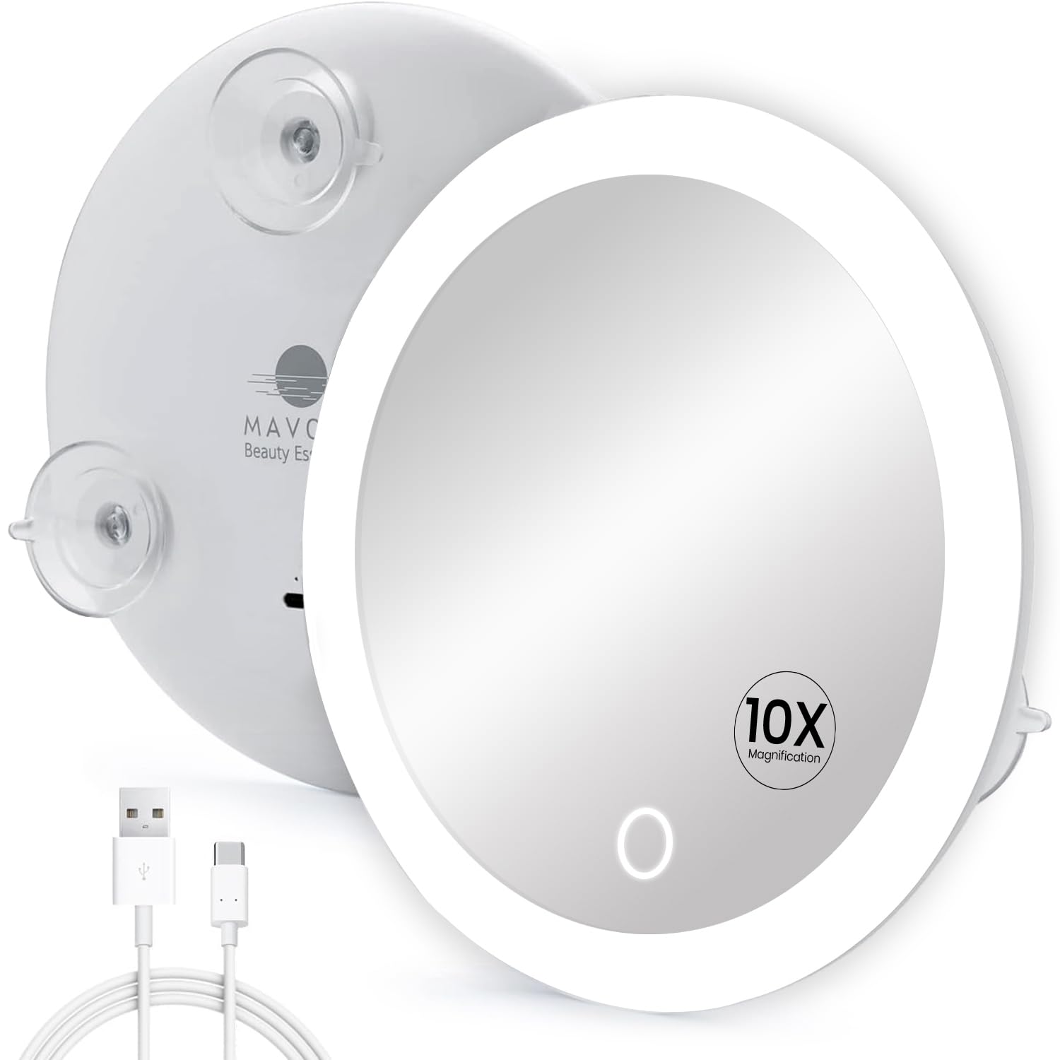 Mavoro LED Işıklı ve 3 Güçlü Vantuzlu 10X Büyüteç Aynası. Kompakt, Işıklı Makyaj Aynası (USB Şarj Edilebilir Dahili Pil)