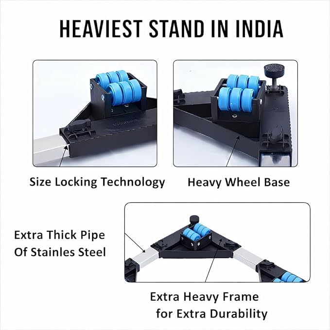 Image of Heavy Duty Adjustable Stand with 24 Wheels for Front and Top Load Washing Machine, Refrigerator, Dishwasher, Air Cooler, 6.5 to 11 kg Washing Machines (Extra Heavy Stainless Steel, Black)