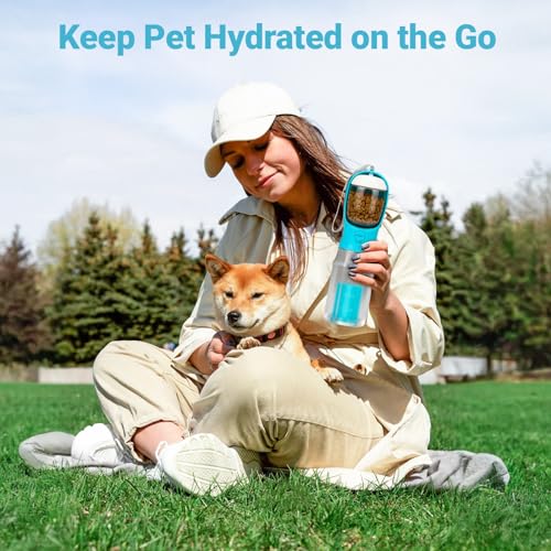 Zivacate Hunde Trinkflasche 600 ML Multifunktion Tragbare Hundetrinkflasche für unterwegs mit 100g Futterbehälter und Kotbeutelspender für Welpen und Katzen Reise Zubehör Wasserspender (Blau)