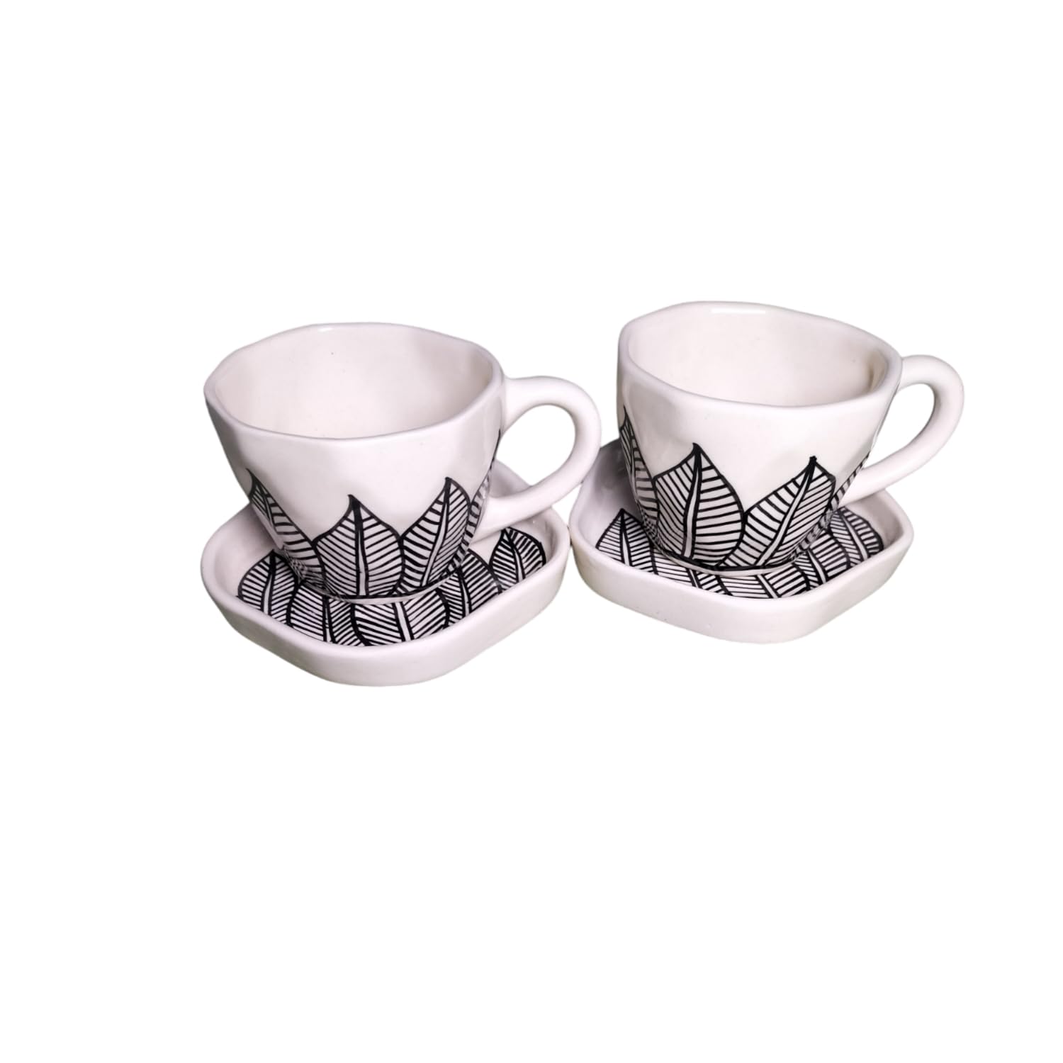 白黒2枚セットwerthy ASYMMETRY TANK(Cup in) Ceramic Cups with Saucers, Black and White Leaf Pattern, Set of 2