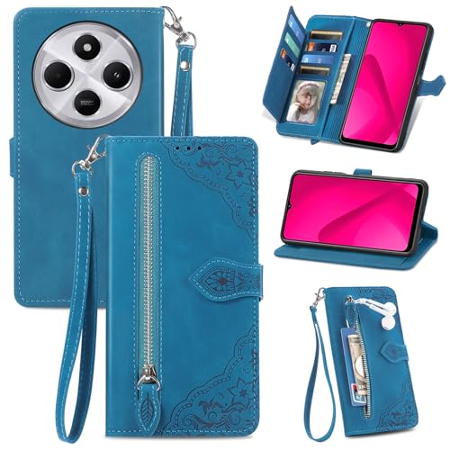 Fertuo Funda para Xiaomi Redmi 14C / Poco C75, Carcasa Libro con Tapa de Cuero PU Piel con Tarjeta, Soporte y Cierre Magnético Flores Dibujos Wallet Case Flip Cover Antigolpes para OCO C75, Azul