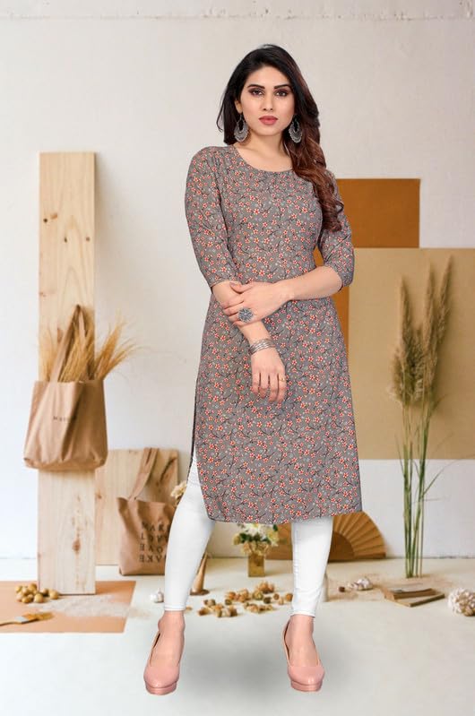 Image of JAKHANA Women's Crepe Printed Casual Straight Calf Length Round Nick Kurta Pack of 4