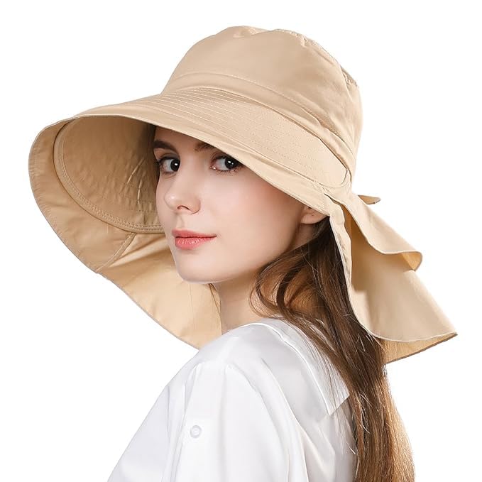 Polyester Sun Hats For Women Girls Fashion Wide Brim Hat Sun Uv Protection Summer Hats With Ponytail Hole Back Neck Flap Cover Cap Beach Hat For Women-Beige, Free Size