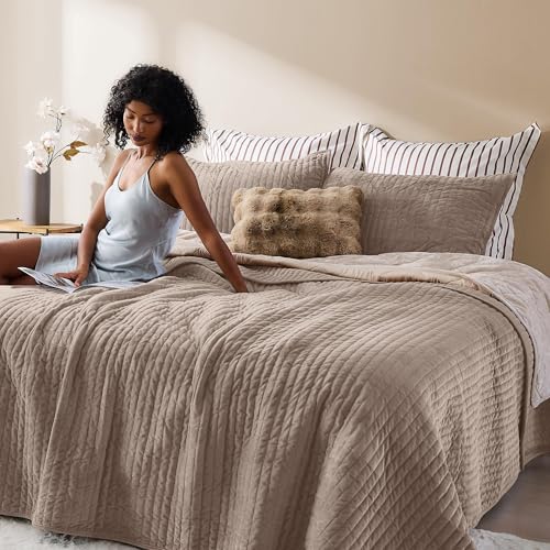 Image of Wonderful Velvet Quilt Set, Queen Light Brown Soft Fluff Texture Coverlet with Shams, Channel Stitched Pattern, All-Season Use, Versatile Lightweight Bedspread for Bedroom Adults Teens Kids,94 inchx94 inch