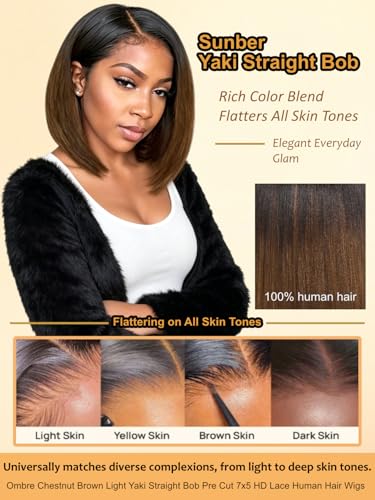 Image of Sunber Chestnut Brown Ombre Yaki Straight Bob Drawstring Wig Human Hair No Slip Glueless 7x5 HD Lace Front Wig Pre Cut Pre Plucked Bleached Knots Ready to Wear Short Yaki Bob Wig 12 Inch