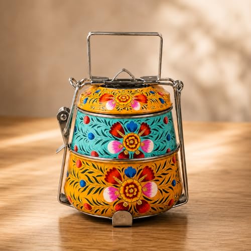 Image of iHandikart Handpainted Decorative Lunch Box Tiffin | Multiple Tier Stainless Steel Food Box | Designer Indian Print Tiffin for School | Diwali Gift, Navratri Gift (Color - Multicolor)
