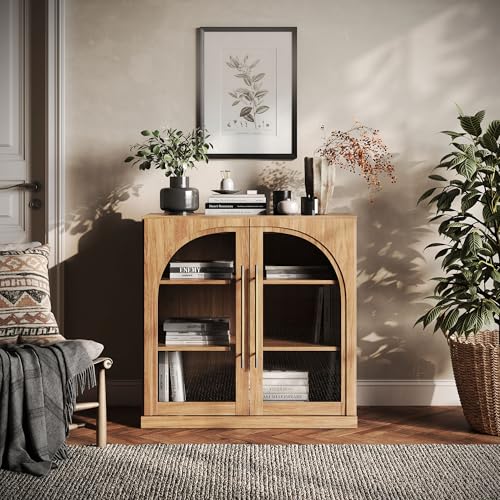 BELLEZE 32.5" Kitchen Storage Cabinet with Adjustable Shelves,Freestanding Accent Cabinet with Fluted Arched Design & Gold Handles,Modern Credenza for