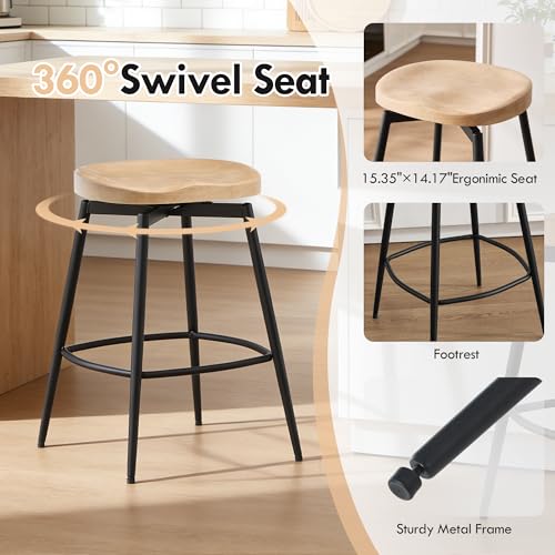 Image of 25'' Solid Wood Saddle Stools Set of 2, Swivel Counter Height Bar Stools Backless, Wooden Bar Stools with Metal Legs and Ergonomics Seat for Kitchen Island, Unstained Raw Wood
