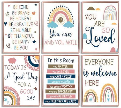 Image of 6pcs Pink Boho Rainbow Canvas Wall Art Girls Motivational Self-Affirmation Posters Prints Kids Room Rainbow Classroom Wall Decor Pictures for Classroom Nursery Living Room And Bedroom Home Decoration