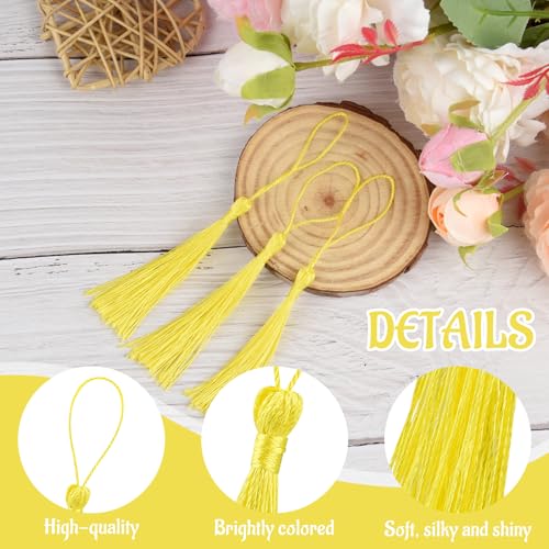 Image of 100 Pcs Bookmark Tassels Bulk Yellow Soft Craft Silky Handmade Mini Tassels for Jewelry Making with Loops for DIY Craft Accessory Dress Decoration