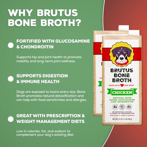 Image of Brutus Chicken Broth for Dogs - All Natural Chicken Bone Broth Liquid with Chondroitin Glucosamine Turmeric -Human Grade Food Toppers for Picky Eaters & Dry Food -Tasty & Nutritious- Pack of 2