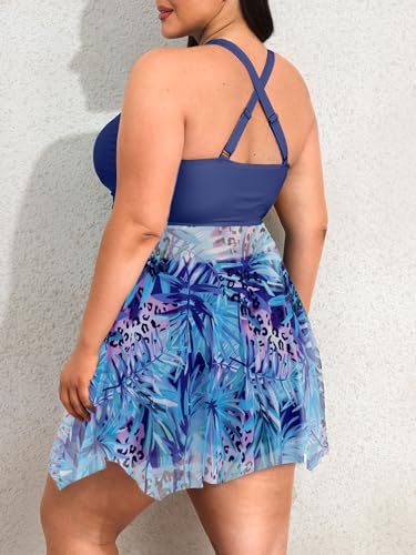 NIeyook Plus Size Swimsuit for Women High Neck Tummy Control Bathing Suit 2 Piece Tankini with Shorts Flowvy Mesh Swimwear4