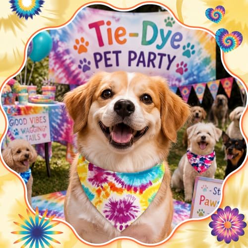 Image of Abbylike 50 Pieces Tie Dye Dog Bandanas Bulk Colorful Hippie Pattern Dog Bandanas for Dogs Triangle Kerchief Scarf Bibs Set for Pets Summer Party Costume Accessories, 25 Styles (25.6 x 17.7 x 17.7)