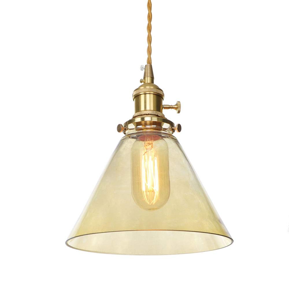 Lot de 2 Luminaires Suspendus | Abat-Jour En Verre Entonnoir | Finition Laiton | Suspensions À Base Moyenne | E27 Max. 60 Watts | Ampoules Non Incluses Durable (Col/Ambre