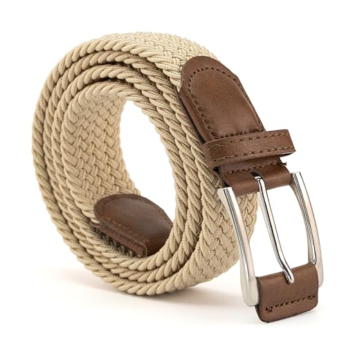 Cinturón trenzado acabado en cuero, Cinturón trenzado, Cinturón tela, Cinturones ajustable, Cinturones trenzados hombres, Cinturones trenzados mujer, Beige, 100cm
