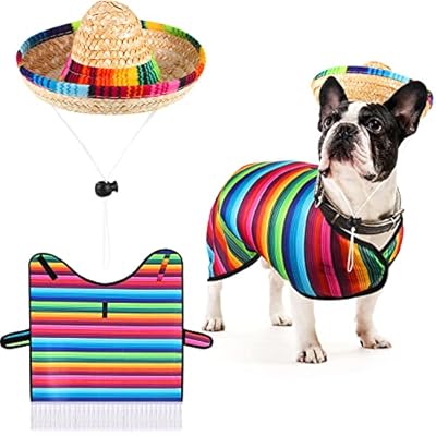 Dog Sombrero Hat Pet Serape Poncho Costume Funny Dog Costume Multicolor Adjustable Sombrero Costume Mexican Dog Poncho Straw Hat Chihuahua Clothes for Mexican Party Decorations (M)