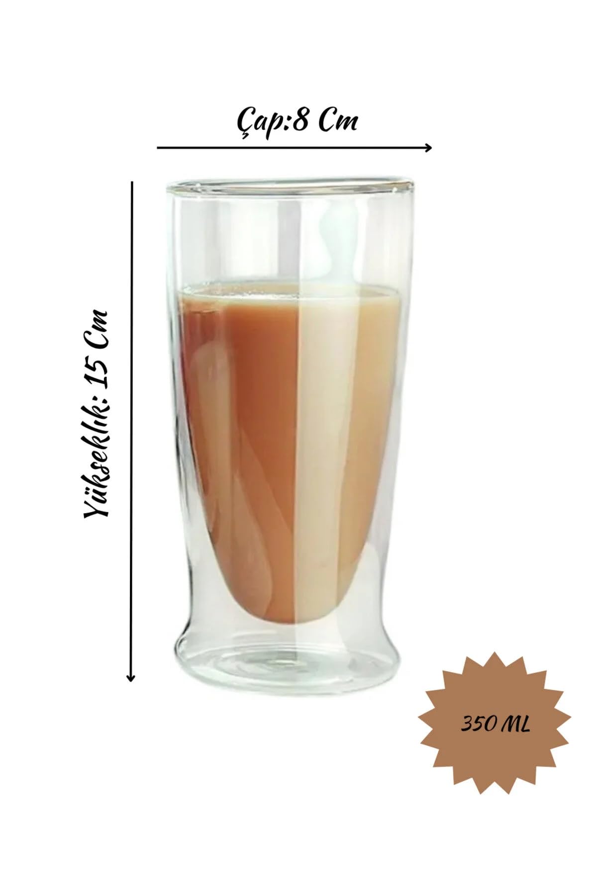Çift Cidarlı Uzun Model Cam Kokteyl, Meşrubat, Latte, Su Bardağı, 350 ML, 1 Adet - 12323