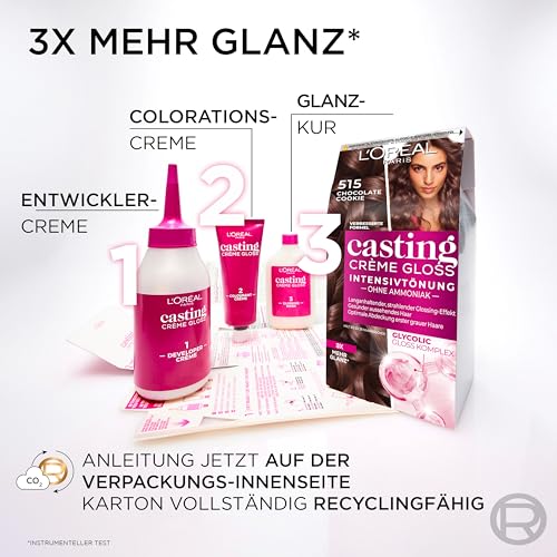 Foto von L'Oréal Paris Coloration ohne Ammoniak und ohne Silikone, Pflegende Intensivtönung mit Glanz-Reflex-Balsam, Casting Crème Gloss Haarfarbe, Nr. 300 Dunkelbraun (Braun), 1 Stück
