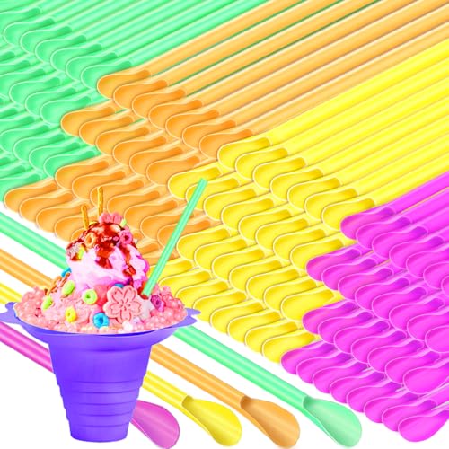 200Pcs Snow Cone Spoon Straws Disposable Plastic 7.9 inch Drinking Scoop Straw Milkshake Shaved Ice Sticks for Slushie Summer Party Birthday(Colorful)