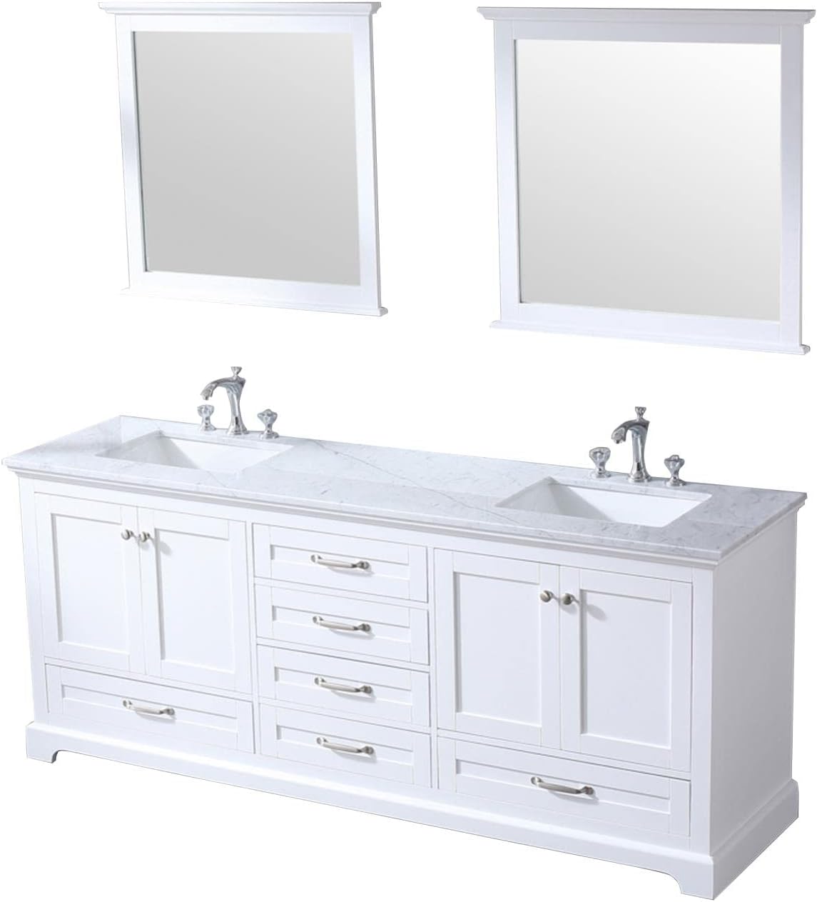Dukes 80 in. W x 22 in. D White Double Bath Vanity, Carrara Marble Top, Faucet Set and 30 in. Mirrors