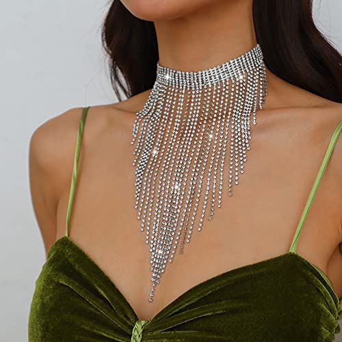 Aomcisi Fashion Women Sexy Rhinestone Bib Choker Necklace Tassel Long Chain Necklace3