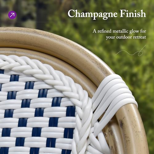 Image of PURPLE LEAF Outdoor Dining Chair Set of 1 Patio French Aluminium Frame in Champagne Finish with Sky Blue & White Woven Rattan for Indoor Kitchen Deck Bistros Cafe Restaurant
