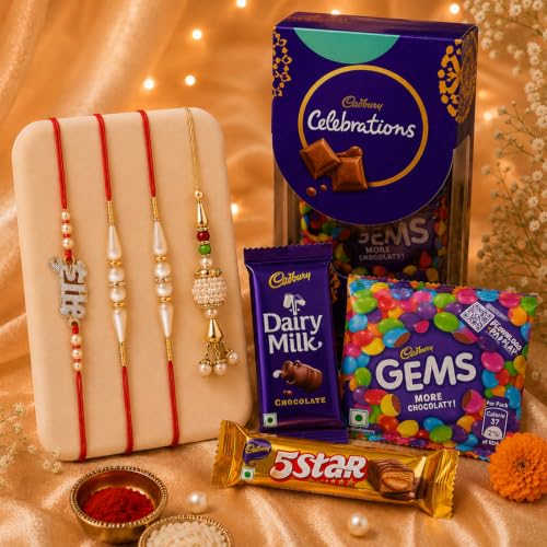 Image of Cadbury 4 Rakhi Combo for Brother Bhabhi Kids with Celebration Chocolate Gift Pack /Rakshabandhan with Gift for Brother with chocolate combo /Lumba /Pearl Designer /Greeting Card