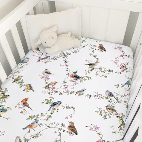 Image of Watercolor Sparrow Spring Floral Fitted Crib Sheet - 52''x28'' Snug Baby Mattress for Standard Crib