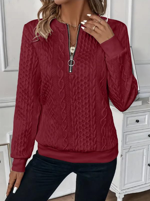 Sweatshirts Femme Demi-Fermeture Éclair Sweat sans Capuche Casual T-Shirts Manches Longues Chic Texture Torsadée Haut Décontracté Élégant Automne Pull pour Tous Les Jours Sportwear