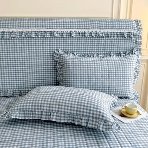 Image of LifeTB Queen Comforter Set Blue Gingham Comforter Vintage Ruffle Plaid Checkered Pattern Comforter Set Queen Fluffy Soft Gingham Bedding Set Farmhouse Plaid Grid Bed Comforter with 2 Pillowcases