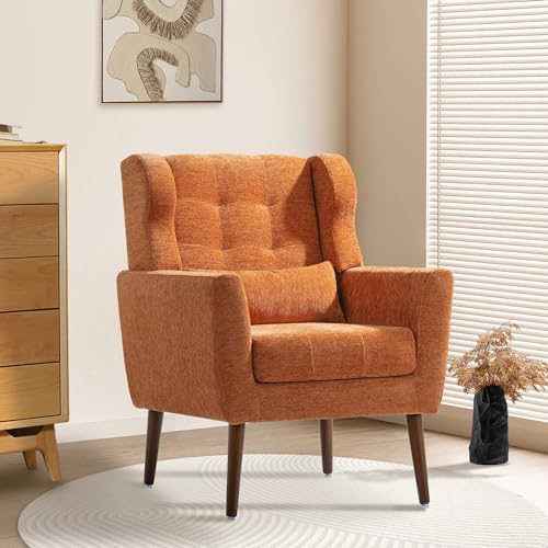QKFF Modern Accent Chair, Upholstered Armchair with Pillow, Fabric Single Sofa Chair with Lounge Seat and Wood Legs Accent Chair for Living Room Bedroom Small Spaces (Orange, Set of 1)