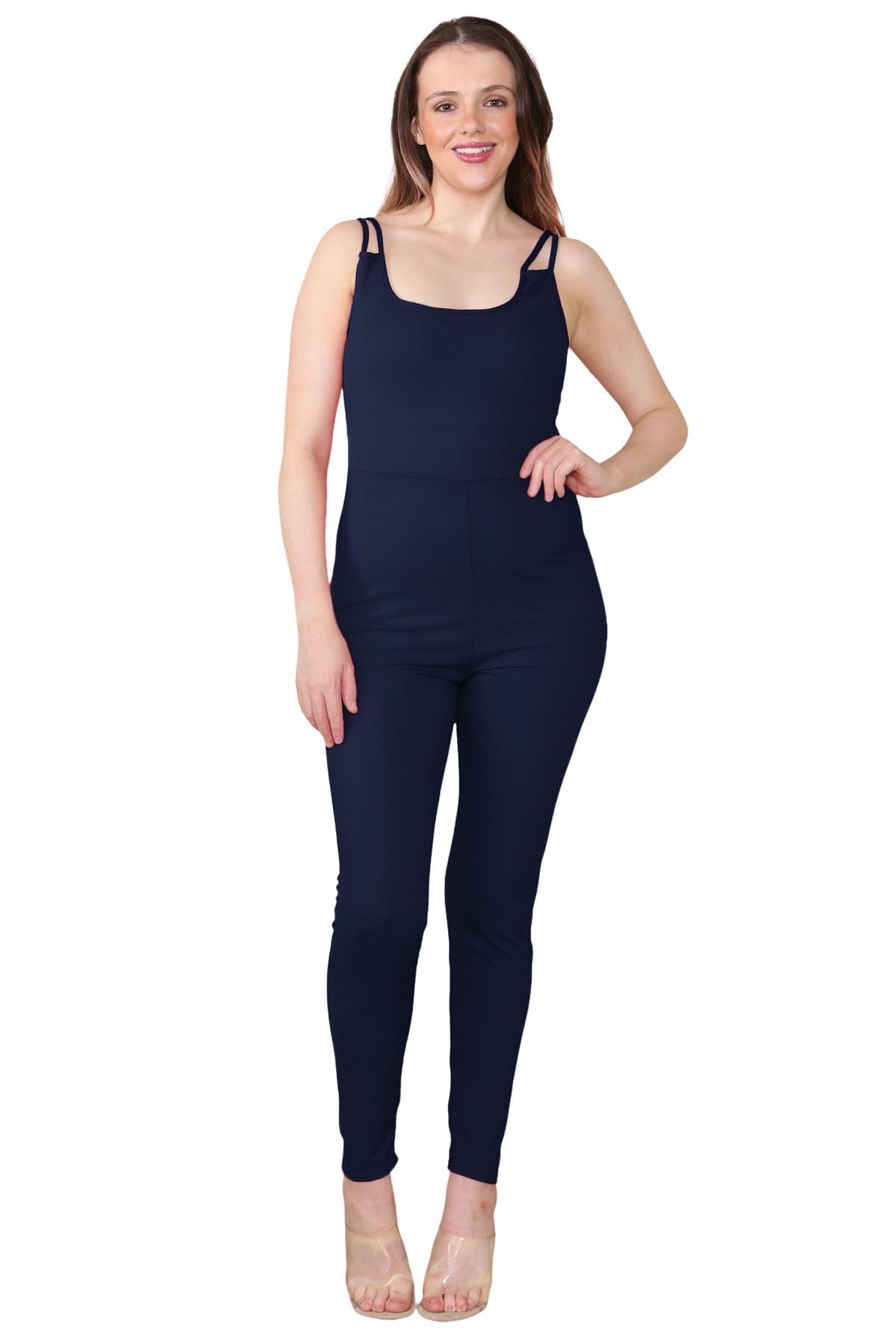 Hamishkane Women's Navy Double Straps Ribbed Cami Jumpsuit All In One Unitard Skinny Romper Playsuit