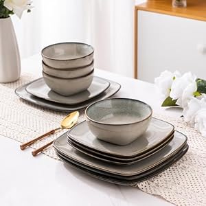 AmorArc Ceramic Dinnerware Sets for 4, 12 Pieces Square Handpainted Plates and Bowls Set, Chip and Scratch Resistant Stoneware Dishes Set, Dishwasher & Microwave Safe, Reactive Glaze