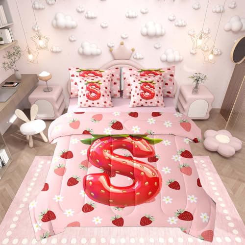 Image of Feelyou Girls Strawberry Comforter Set with Sheets 7 Piece King Size Pink Strawberry Bed in a Bag Kids Boys Girls Initial Letter S Bedding Set Bedroom Decor Breathable Soft Lightweight Microfiber