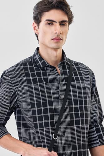 Image of SNITCH Men Casual Shirt | Regular Fit Full Sleeve Mandarin Collar Check Pattern | Cotton Linen Blend & Breathable Fabric for Office & Everyday Wear