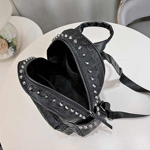 Image of Women Punk Rivets Backpack Skull Printed Daypack Purse PU Leather Shoulder Bags Satchel Black