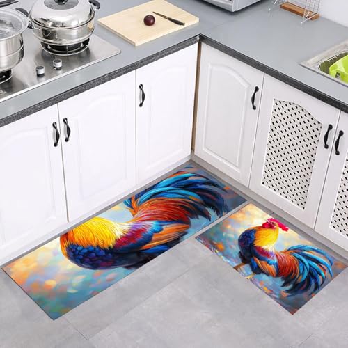 Juego de alfombras de cocina de 2 piezas con diseño artístico de gallo para pasillo y lavandería 2