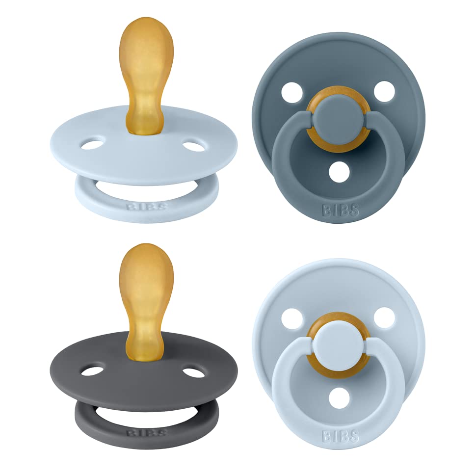BIBS Colour - Chupetes con pezón simétrico, goma natural para bebé, juego de 4 chupetes sin BPA, fabricados en Dinamarca, mezcla de azul bebé, talla
