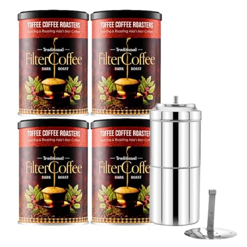 Image of Toffee Coffee Roasters | South Indian Filter Coffee, Pack of 4 (200 gms) + Free Filter Coffee Maker (220ml, 3-4Cups) | As Seen On Shark Tank | Speciality Traditional Dark Roast Signature Filter Coffee