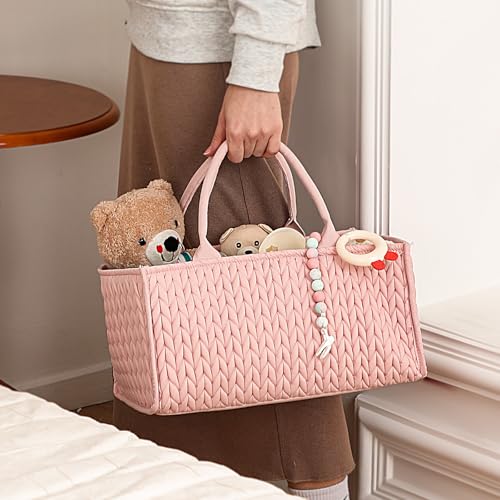 MOMINSIDE Diaper Caddy Organizer, Baby Basket Nursery Storage, Caddy Organizer for Portable Changing Table Dresser Car, Baby Registry Baby Shower Gifts for Girl Boy(Pale Pink)